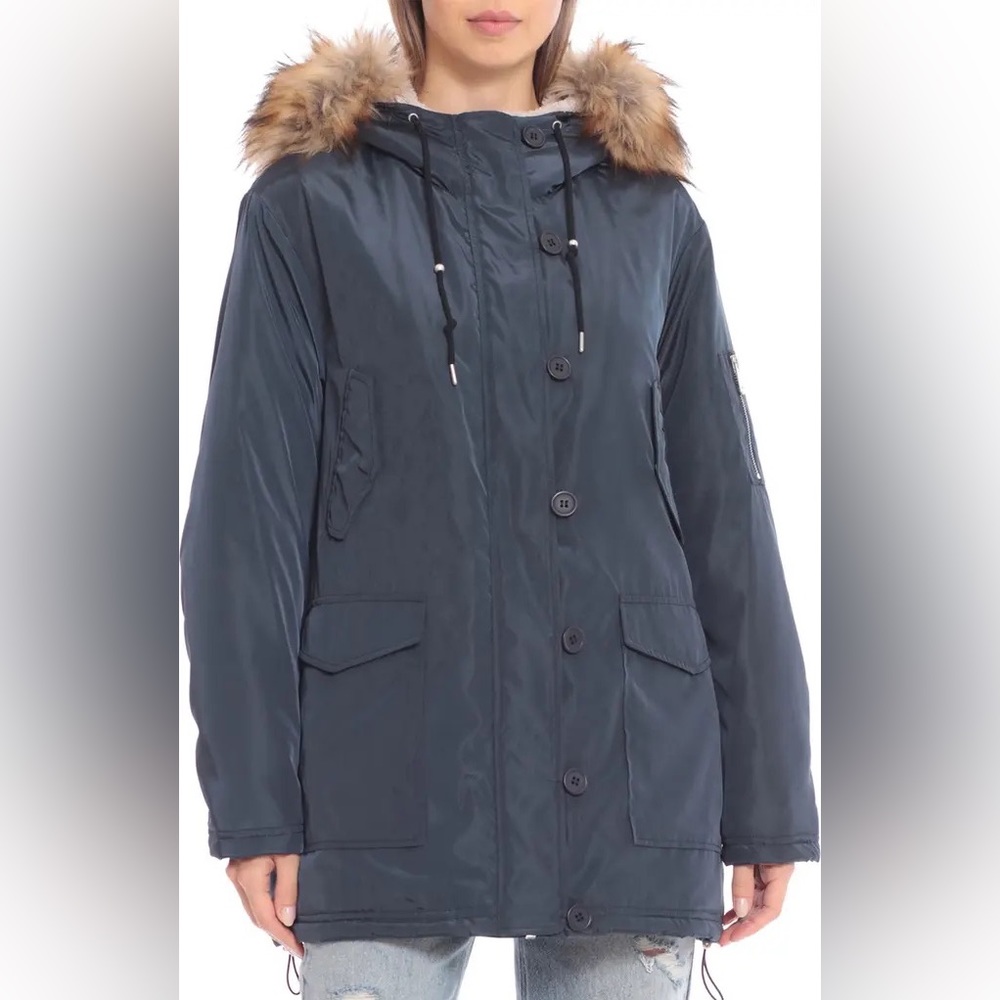 NWT Avec Les Filles faux fur blue utility parka - small